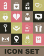 © Kostiantyn - Set Calendar with February 14, Gift box, Location heart, hearts, Broken or divorce, Castle in the shape of, Please do not disturb and Wedding cake icon. Vector