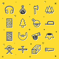 Poster - Set line Hand saw, Tree stump, Hacksaw, Wooden axe, Christmas tree, beam, Headphones and Electric circular icon. Vector