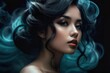 A close up of a stylish woman with turquoise hair and smoke cloud, sensual expressive lips, beautiful witch with long hair, turquoise tint. Fashion scent, fresh odour