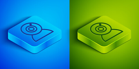 Poster - Isometric line Web camera icon isolated on blue and green background. Chat camera. Webcam icon. Square button. Vector