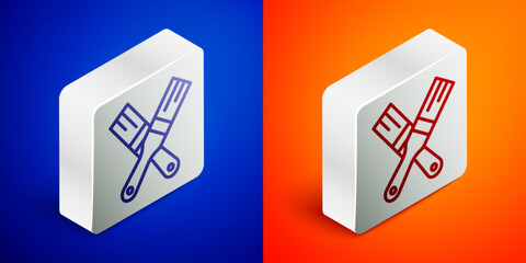 Wall Mural - Isometric line Paint brush icon isolated on blue and orange background. Silver square button. Vector