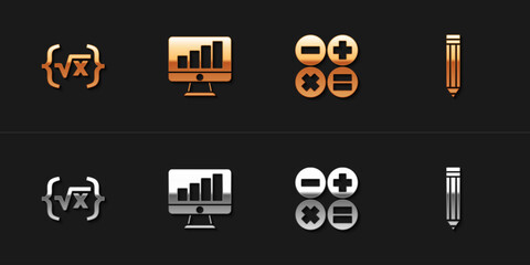 Poster - Set Square root of x glyph, Computer monitor with graph chart, Calculator and Pencil icon. Vector