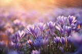 Picturesque Sunny crocus field. Nature flower. Generate AI
