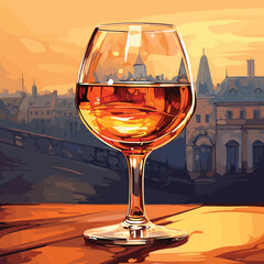 Wall Mural - A glass of cognac on the table on the old city background. Vector