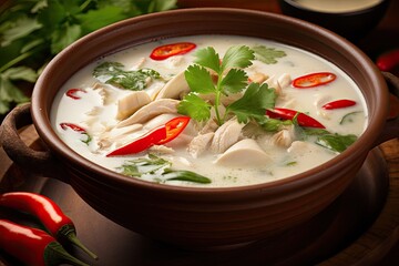 Wall Mural - Chicken broth soup, garnished with parsley, chili. Perfect for gourmet recipes and culinary workshops.