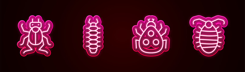 Sticker - Set line Beetle bug, Centipede, Ladybug and Larva insect. Glowing neon icon. Vector