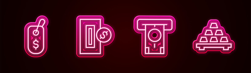 Poster - Set line Price tag with dollar, Inserting coin, ATM and money and Gold bars. Glowing neon icon. Vector