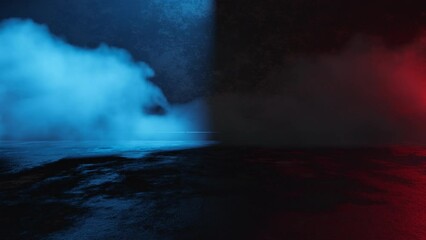 Wall Mural - Abstract Background With A Swinging Lamp Above The Smoke. Blue And Red Lights, Mystical Mist, Horror Atmosphere. Seamless Background, Loop Stock Video.