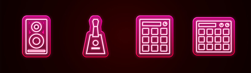 Sticker - Set line Stereo speaker, Balalaika, Drum machine and . Glowing neon icon. Vector