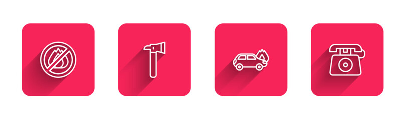 Sticker - Set line No fire, Firefighter axe, Burning car and Telephone call 911 with long shadow. Red square button. Vector