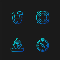 Sticker - Set line Compass, Cruise ship, Coconut cocktail and Lifebuoy. Gradient color icons. Vector