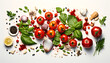 Top-view, Marinara sauce ingredients, tomatoes, garlic, onions, olive oil, and herbs, basil and oregano, isolated on white background