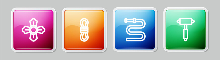 Sticker - Set line Firefighter, Climber rope, hose reel and axe. Colorful square button. Vector