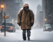 man in a brown coat walking in a snow storm in a city