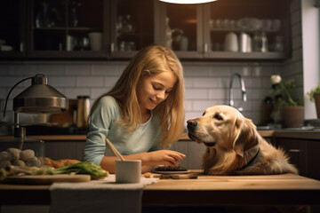 Beautiful little girl is posing with a golden retriever dog at the kitchen table. Cute baby and her pet preparing for breakfast at home. Happy smiling girl and puppy enjoy their time spent together.