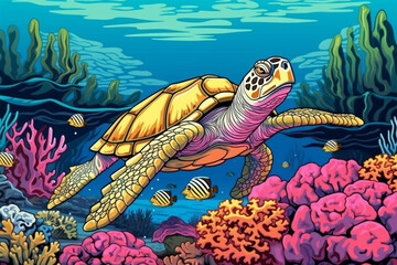 Wall Mural - cartoon style of a turtle swimming