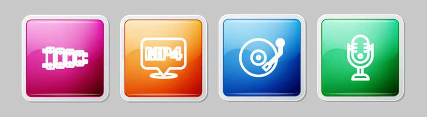 Sticker - Set line Xylophone, MP4 file document, Vinyl player and Microphone. Colorful square button. Vector