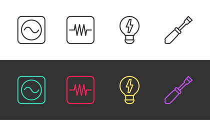 Poster - Set line AC voltage source, Resistor in electronic circuit, Creative lamp light idea and Screwdriver on black and white. Vector
