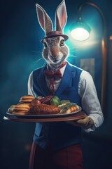 bunny hare work in cafe fast food waiter profession realistic humanized photography smiling