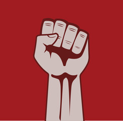 Raised fist vector icon. Human hand up in the air. Vector illustration of the iconic protester raised fist isolated on red background - graphic style silhouette. hand fist