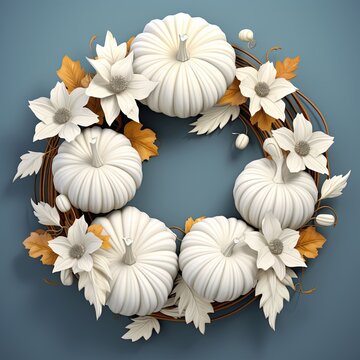 A wreath of white pumpkins and flowers on a blue background