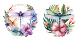 Fototapeta  - Watercolor dragonfly with jungle topical leaves and flowers, set, vector illustration, Generative Ai.
