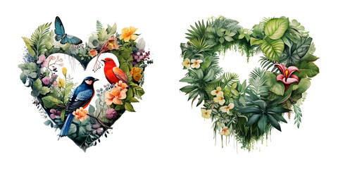 Watercolor heart shape topical leaves and flower, vector illustration, Generative Ai.