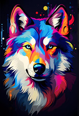 Naklejka na meble A vibrant, multicolored portrayal of a wolf's face against a dark background with dynamic splatters