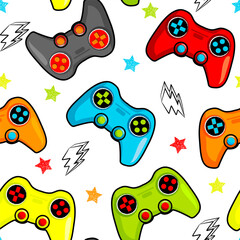 Aufkleber - Seamless abstract pattern with colourful joystick game. Cool Background for boys.