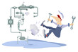 © bigmen - Comic mechanic repairs pipe construction. Breakdown. Comic mechanic with a wrench repairs pipe construction to stop water, gas oil flow