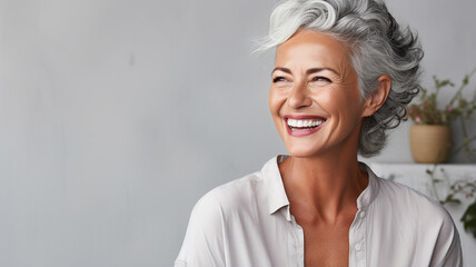 Poster - portrait of senior woman with grey hair and smiling at camera on grey background