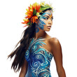 © J S - Women of color - young beautiful Hawaiian female topless, face and skin covered by body paint, isolated on white or transparent