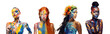 © J S - Women of color set collection - racial diversity of four young beautiful blonde, ginger, asian and black females topless, face and skin covered by body paint, isolated on white or transparent