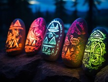 Glowing Hand-carved Stones With Intricate Designs In Dark Forest. Night Mystique. Pagan Celebrations. Suitable For Event Decoration, Festival Poster