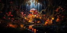 Miniature Fairy House In Amanita Muscaria Mushroom. Fairy Tale Mushroom House In The Middle Of A Magical Forest