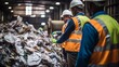 Workers in safety gear sorting garbage on waste treatment plant