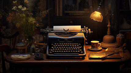 Wall Mural - old fashioned typewriter with vintage books on a wooden table in the dark