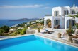 Mediterraner Urlaub in einer Finca mit Pool bei schönem Wetter. Immobilien am Mittelmeer. Ideal für Stimmungen zum Thema Urlaub im Süden. 