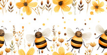 Seamless Pattern With Watercolor Cute Cartoon Bee And Flowers Isolated On White Background

