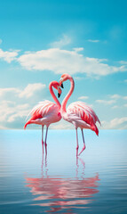 Two pink flamingo birds in love, standing in still water with reflection, sky in the background. Beautiful valentine natural wallpaper