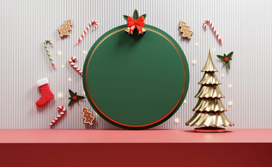 Wall Mural - Merry Christmas event product display podium with decoration background 3d rendering