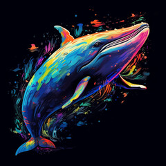 Whale. Abstract, neon, multi-colored portrait of a Whale on a dark background. Generative AI