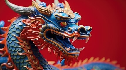 Blue wooden Chinese dragon statuette background. Navy Dragon's face of figurine. Happy Chinese new year 2024 Wallpaper concept..