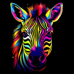 Wall Mural - Zebra. Abstract, neon, multi-colored portrait of a zebra head on a dark background. Generative AI