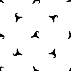 Poster - Seamless pattern of repeated black wizard hat symbols. Elements are evenly spaced and some are rotated. Vector illustration on white background