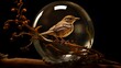 brown bird in the glass ball.