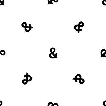 Seamless pattern of repeated black ampersand symbols. Elements are evenly spaced and some are rotated. Illustration on transparent background
