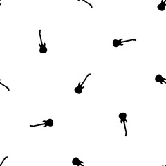 Poster - Seamless pattern of repeated black guitar symbols. Elements are evenly spaced and some are rotated. Vector illustration on white background