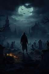 Wall Mural - illustration of a zombie, graveyard background, generative ai