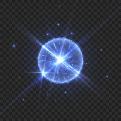 Poster - Abstract light effect. Explosion of a blue nova in outer space. Vector on transparent background.